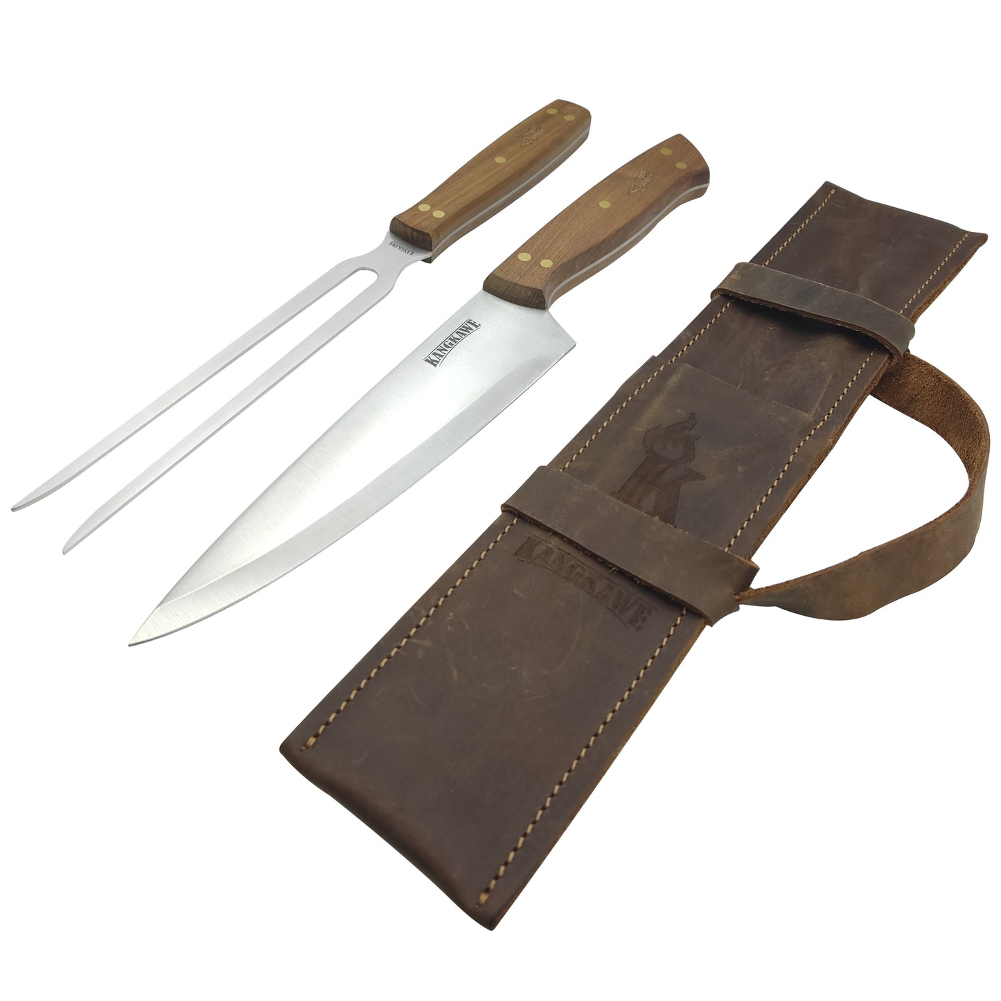 Set Tenedor + Cuchillo Parrillero con estuche de cuero rústico