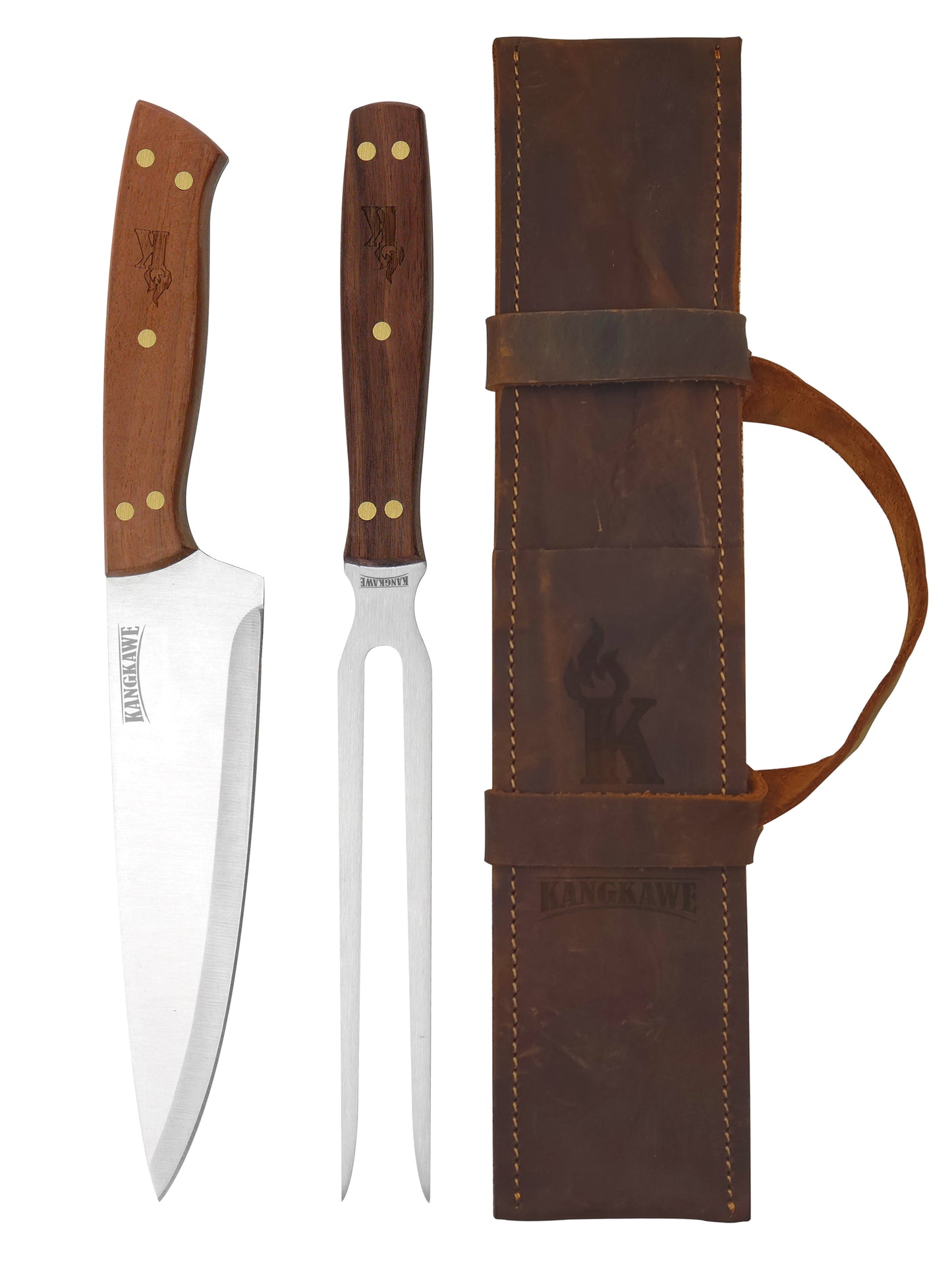 Set Tenedor + Cuchillo Parrillero con estuche de cuero rústico